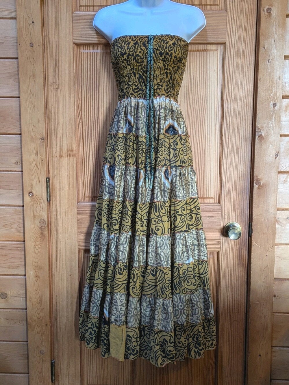 100% Silk Strapless Maxi Dress Yellow Tiered Bohemian Hippie Fairy Patchwork OS